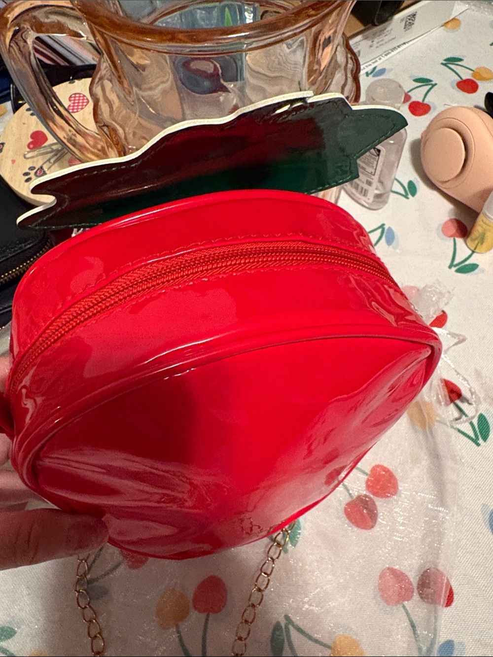 Novelty Strawberry Crossbody Bag with Gold Chain - Red and Green - Picture 4 of 5